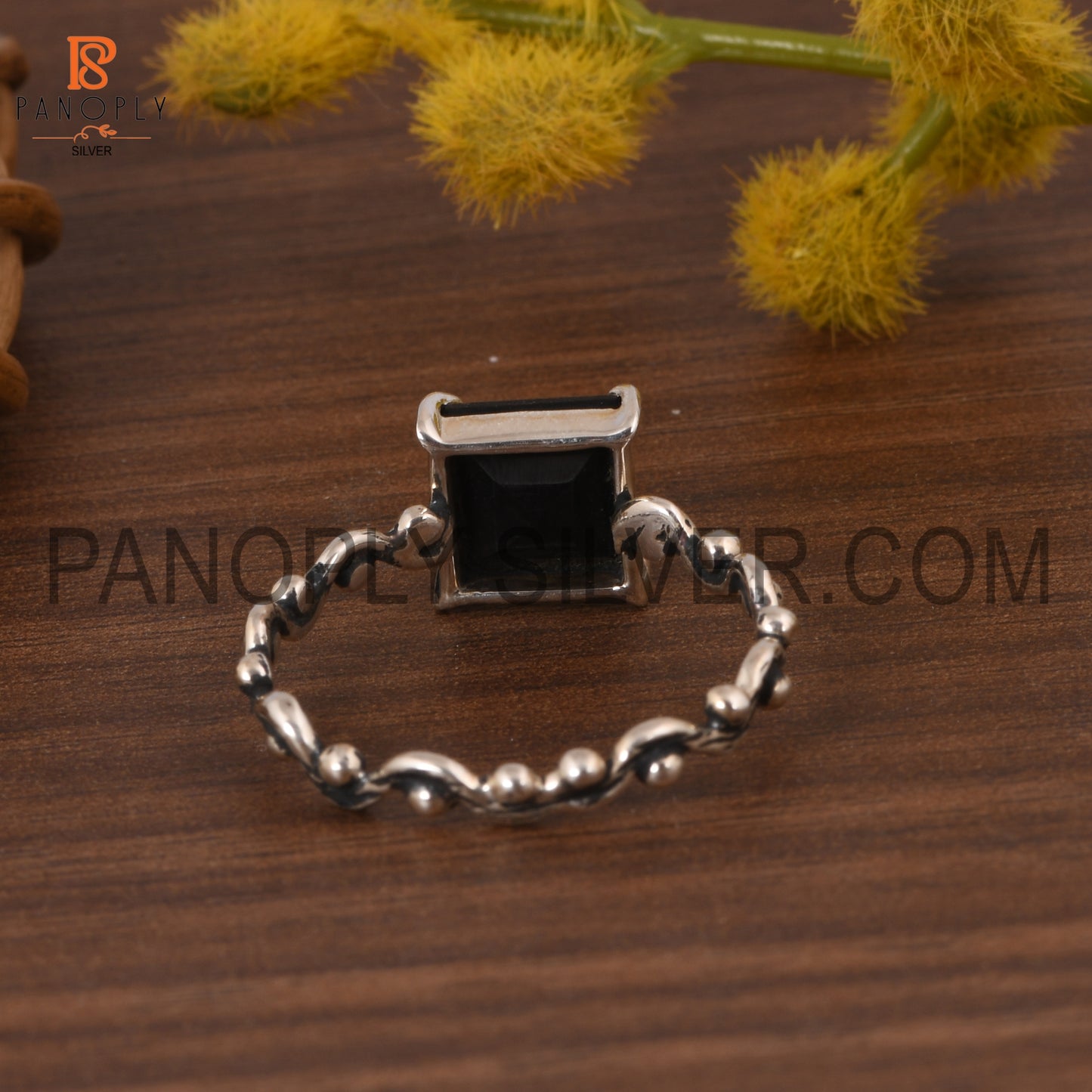 Black Onyx Square 925 Quality Prong Set Filigree Band Rings