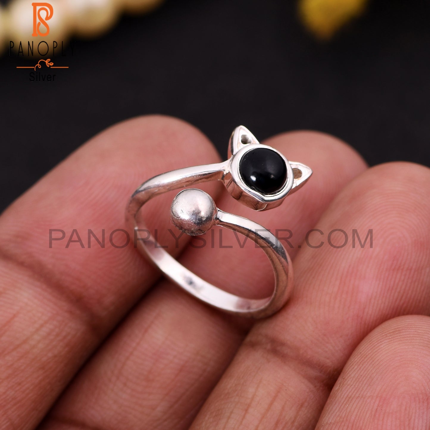Cat Shaped Stone Black Onyx Cute Animals Rings