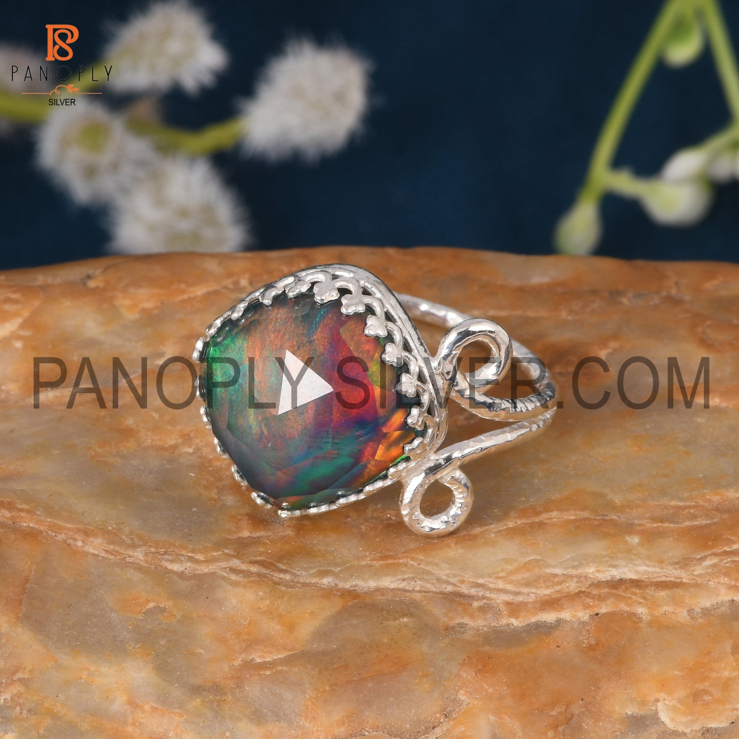 Aurora Opal Red Green 925 Quality Silver Filigree Band Rings