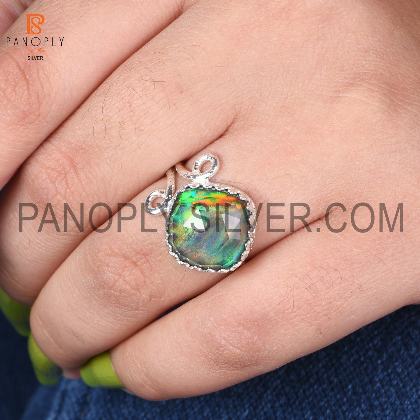Aurora Opal Red Green 925 Quality Silver Filigree Band Rings