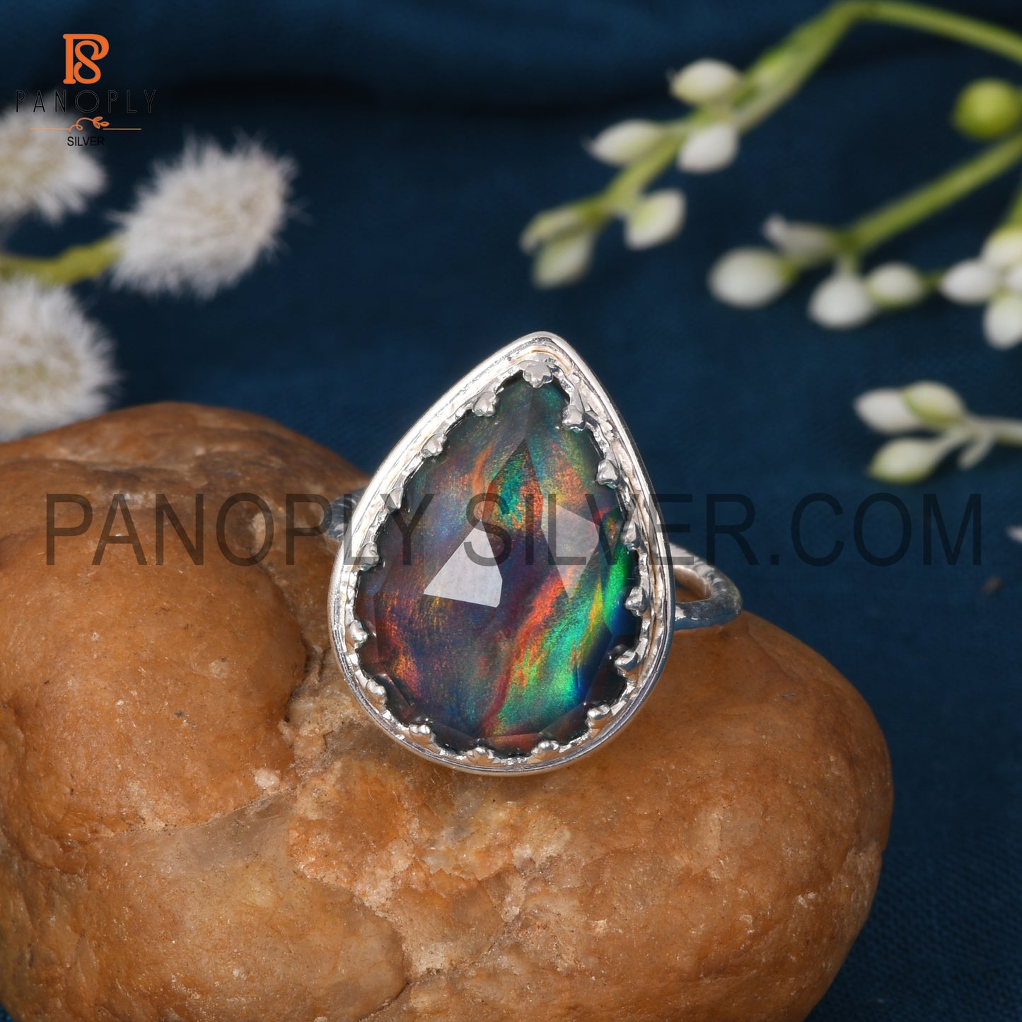Aurora Opal Red Green Beautiful 925 Silver Pear Ring