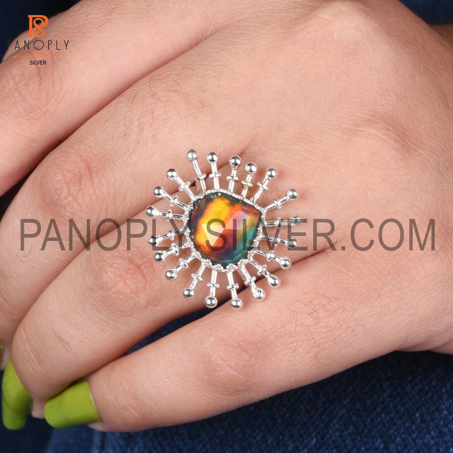 Flower Shape Aurora Opal Red Green Gems Silver Ring