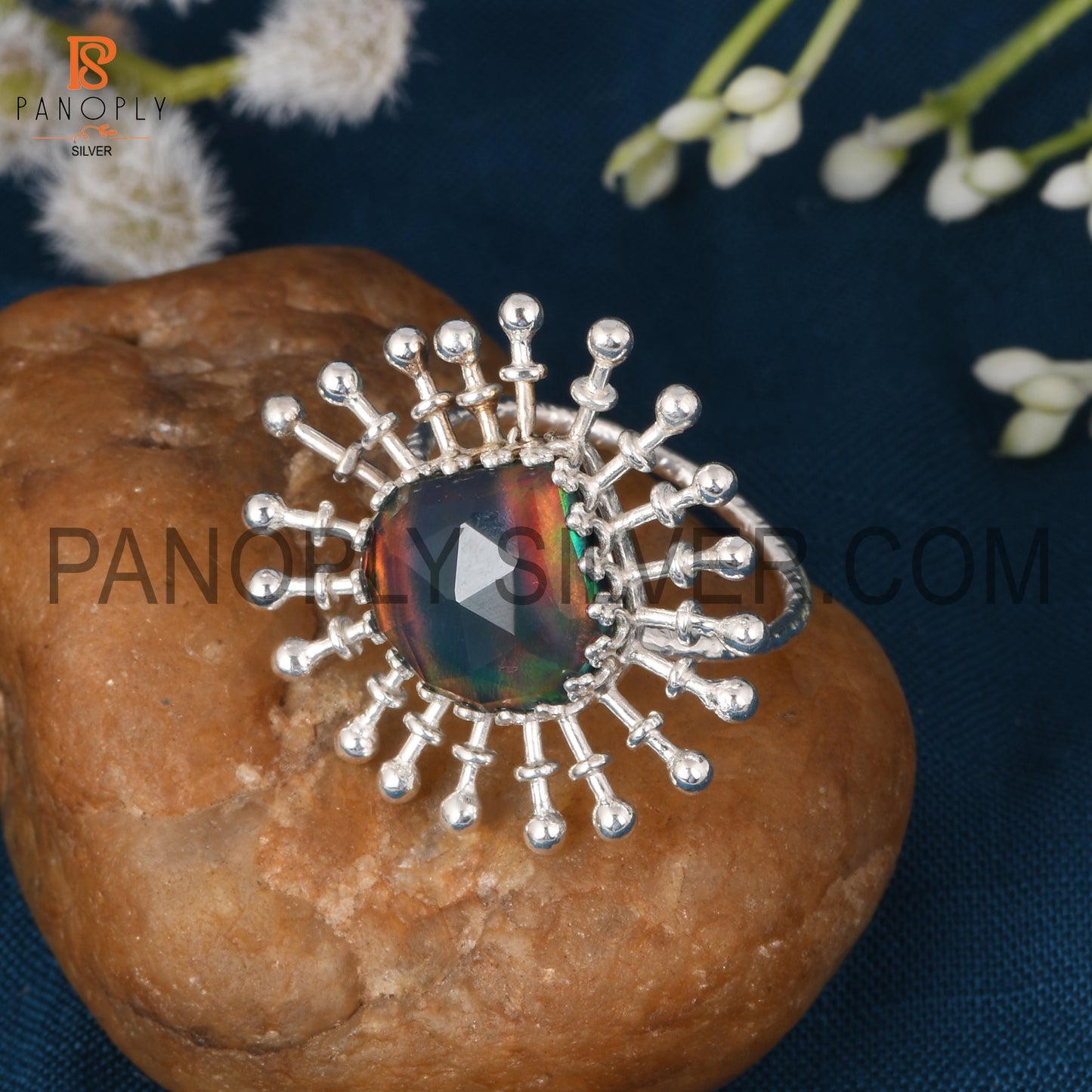 Flower Shape Aurora Opal Red Green Gems Silver Ring