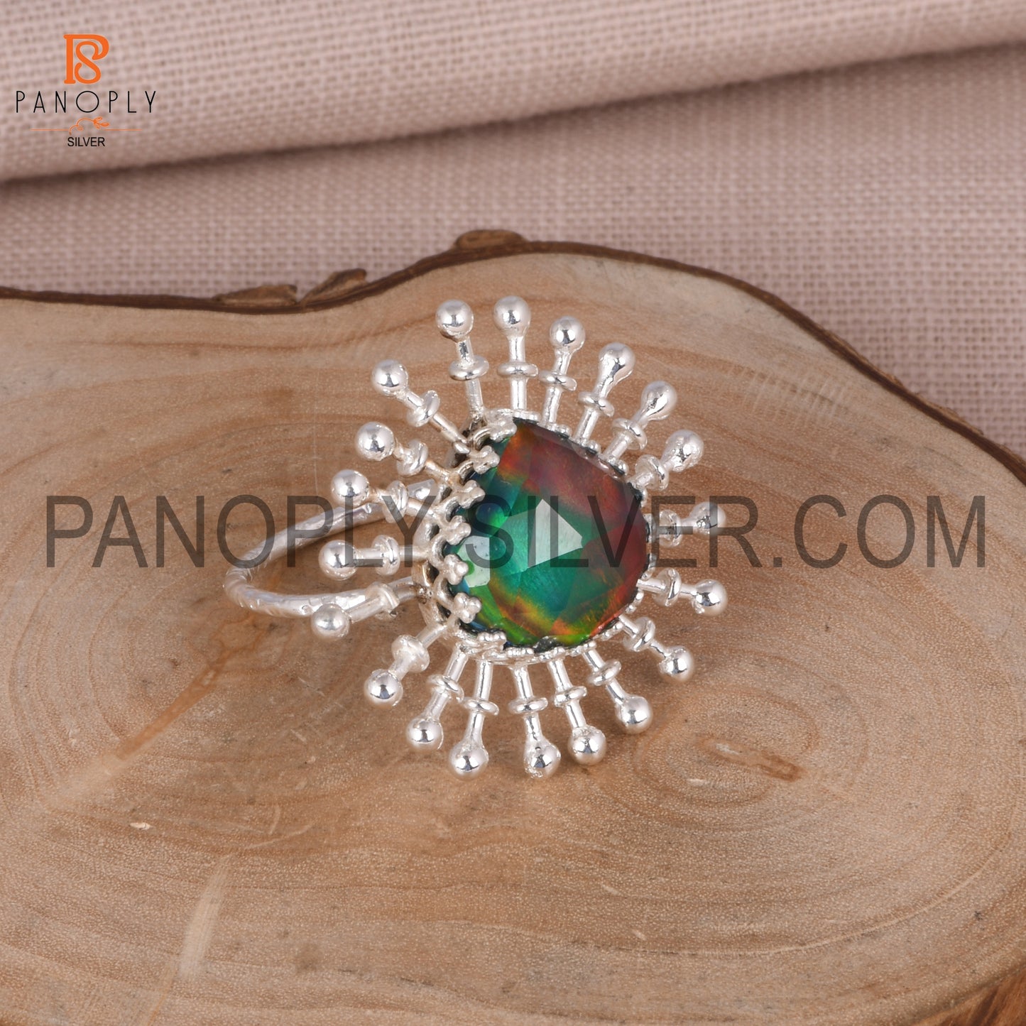 Flower Shape Aurora Opal Red Green Gems Silver Ring