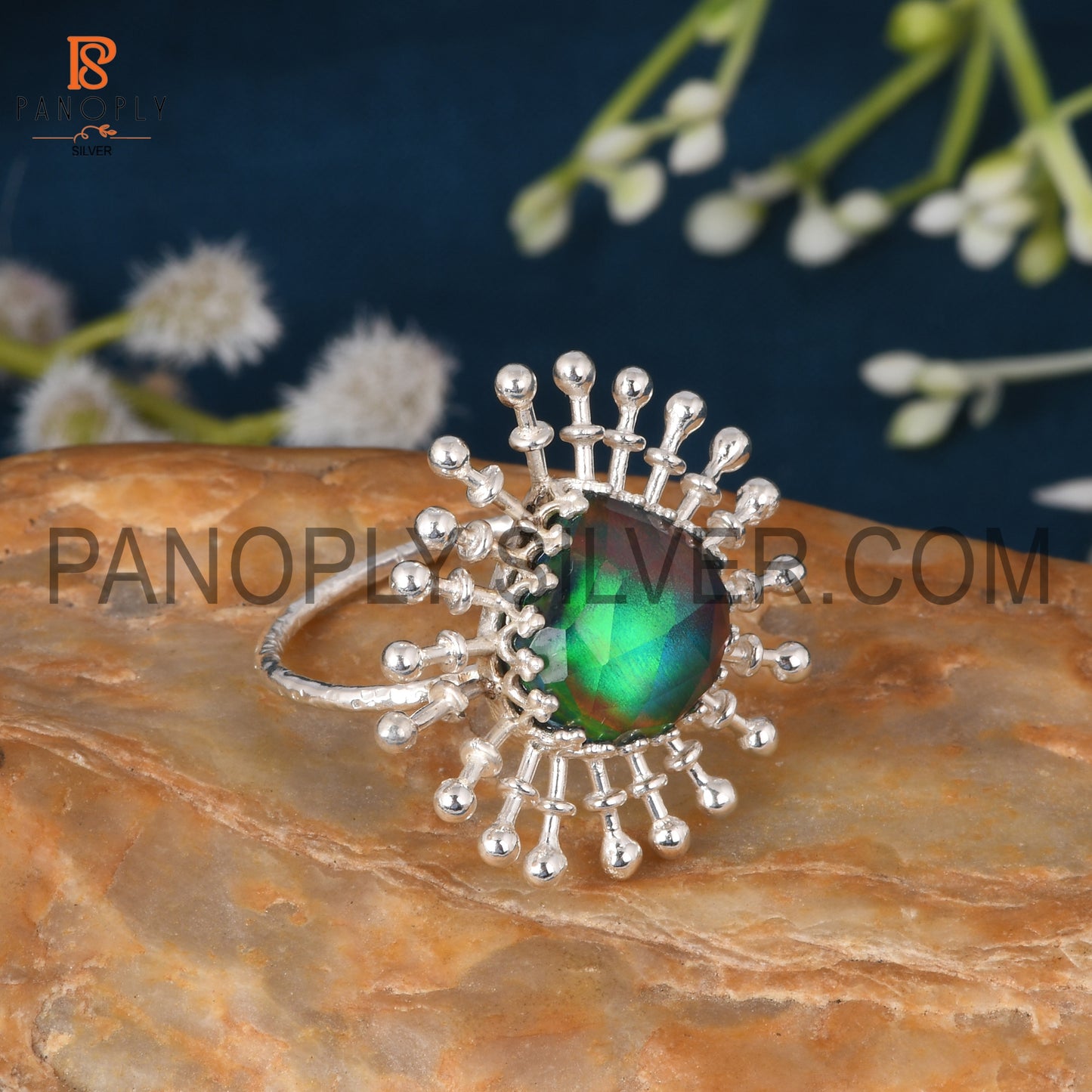 Flower Shape Aurora Opal Red Green Gems Silver Ring