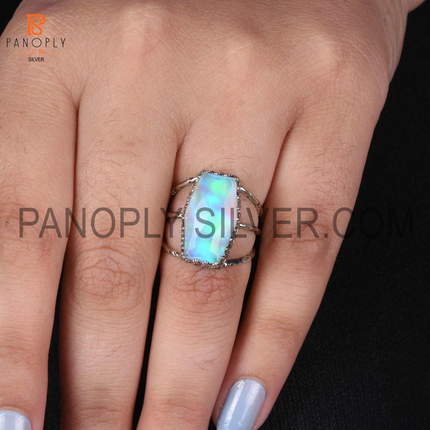 Triple Split Band 925 Silver Aurora Opal White Doublet Gem Rings