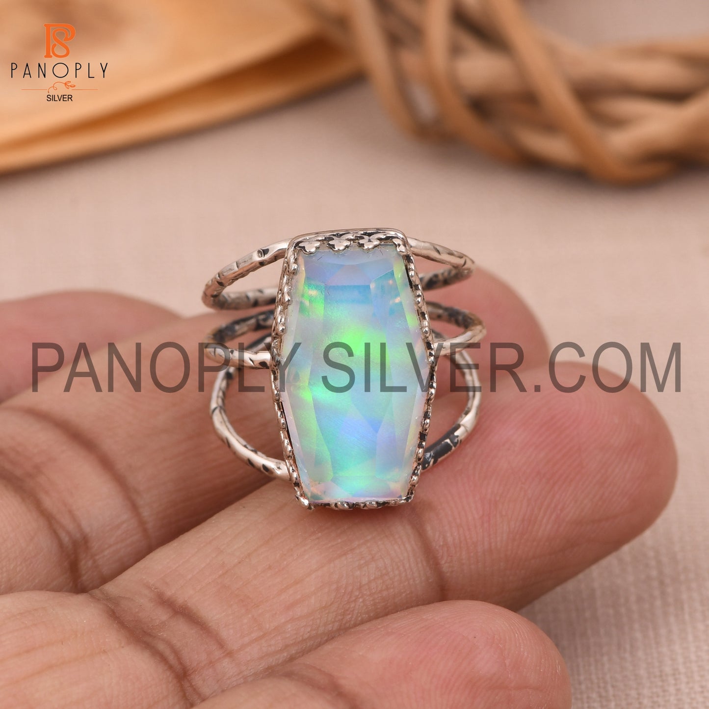 Triple Split Band 925 Silver Aurora Opal White Doublet Gem Rings