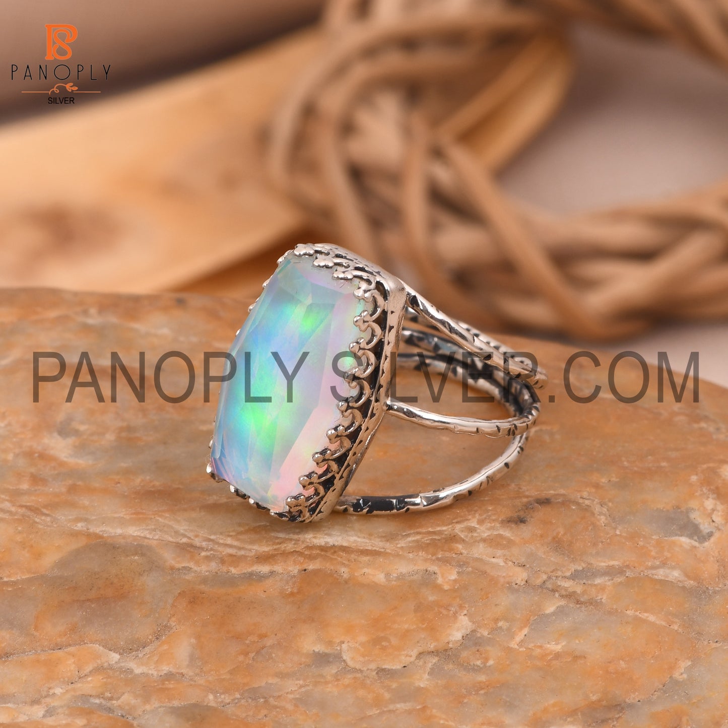 Triple Split Band 925 Silver Aurora Opal White Doublet Gem Rings