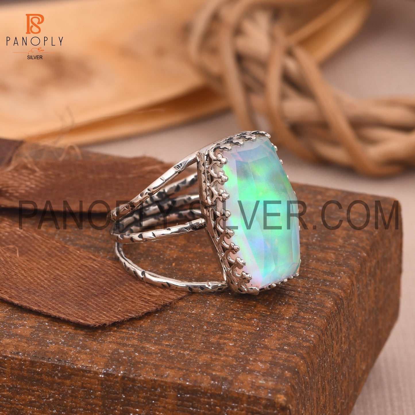 Triple Split Band 925 Silver Aurora Opal White Doublet Gem Rings