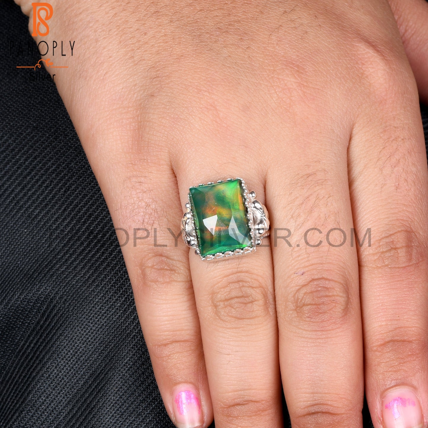 Aurora Opal Green Beguette 925 Sterling Silver Rings