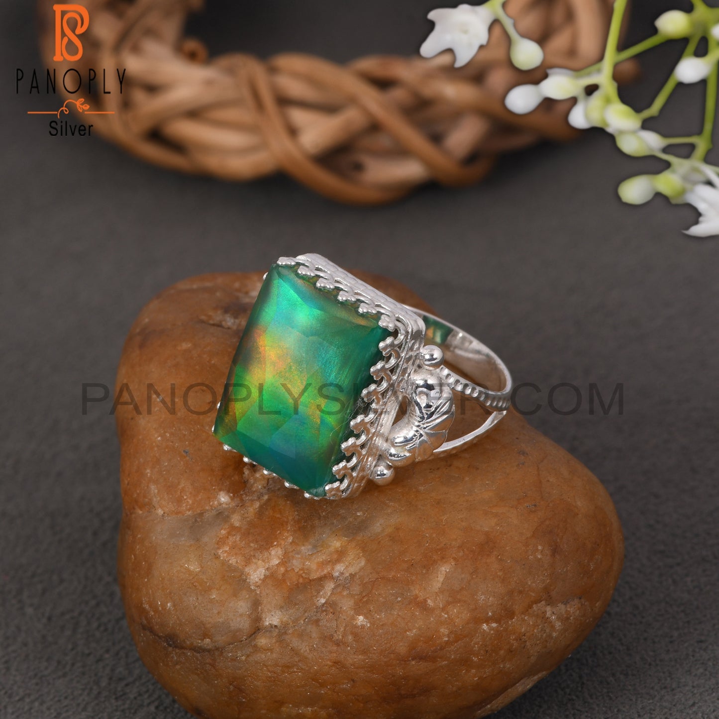 Aurora Opal Green Beguette 925 Sterling Silver Rings