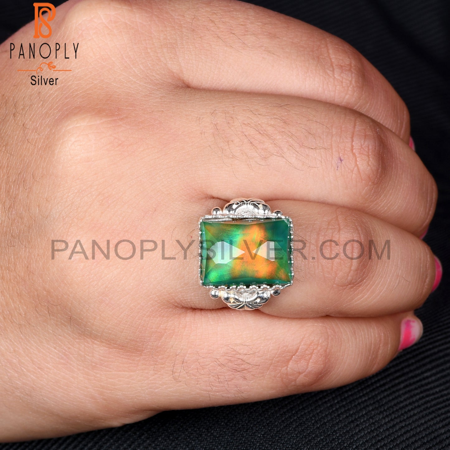 Aurora Opal Green Beguette 925 Sterling Silver Rings