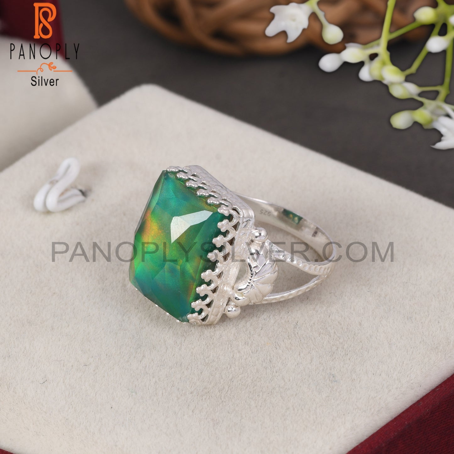 Aurora Opal Green Beguette 925 Sterling Silver Rings