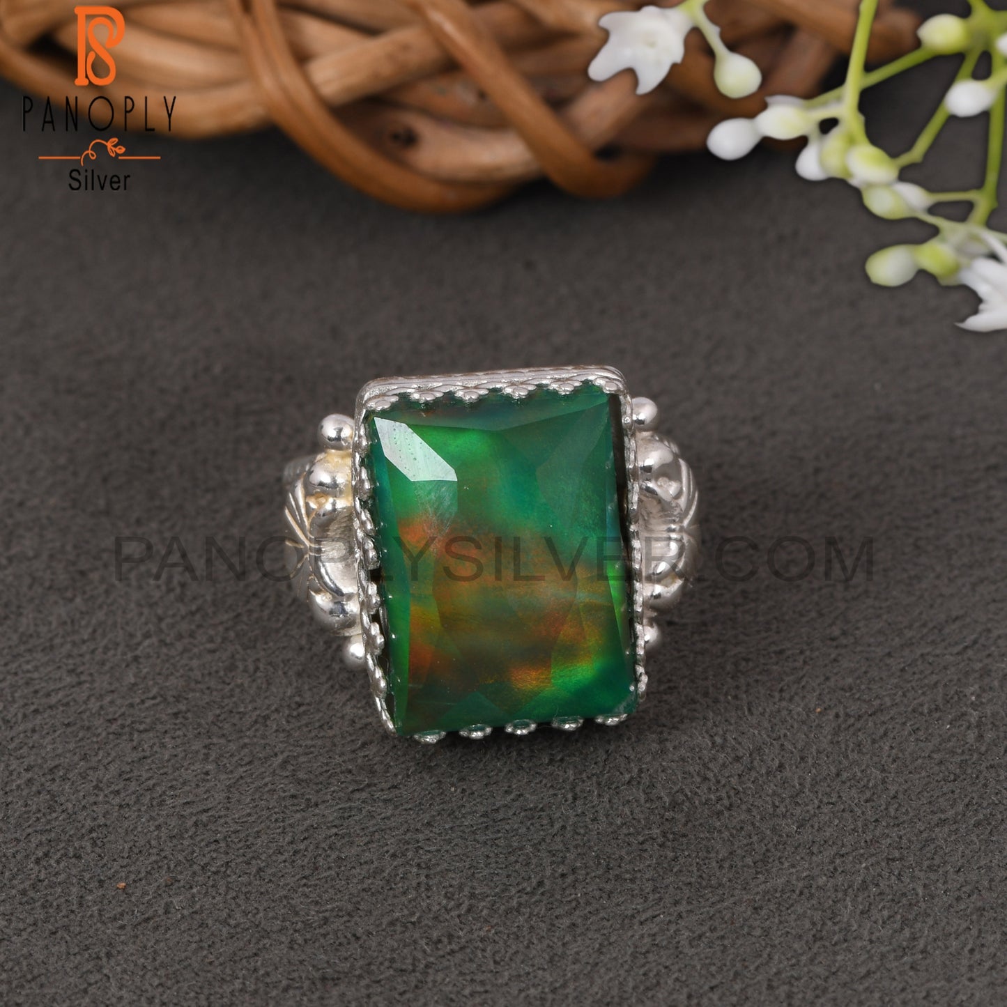 Aurora Opal Green Beguette 925 Sterling Silver Rings
