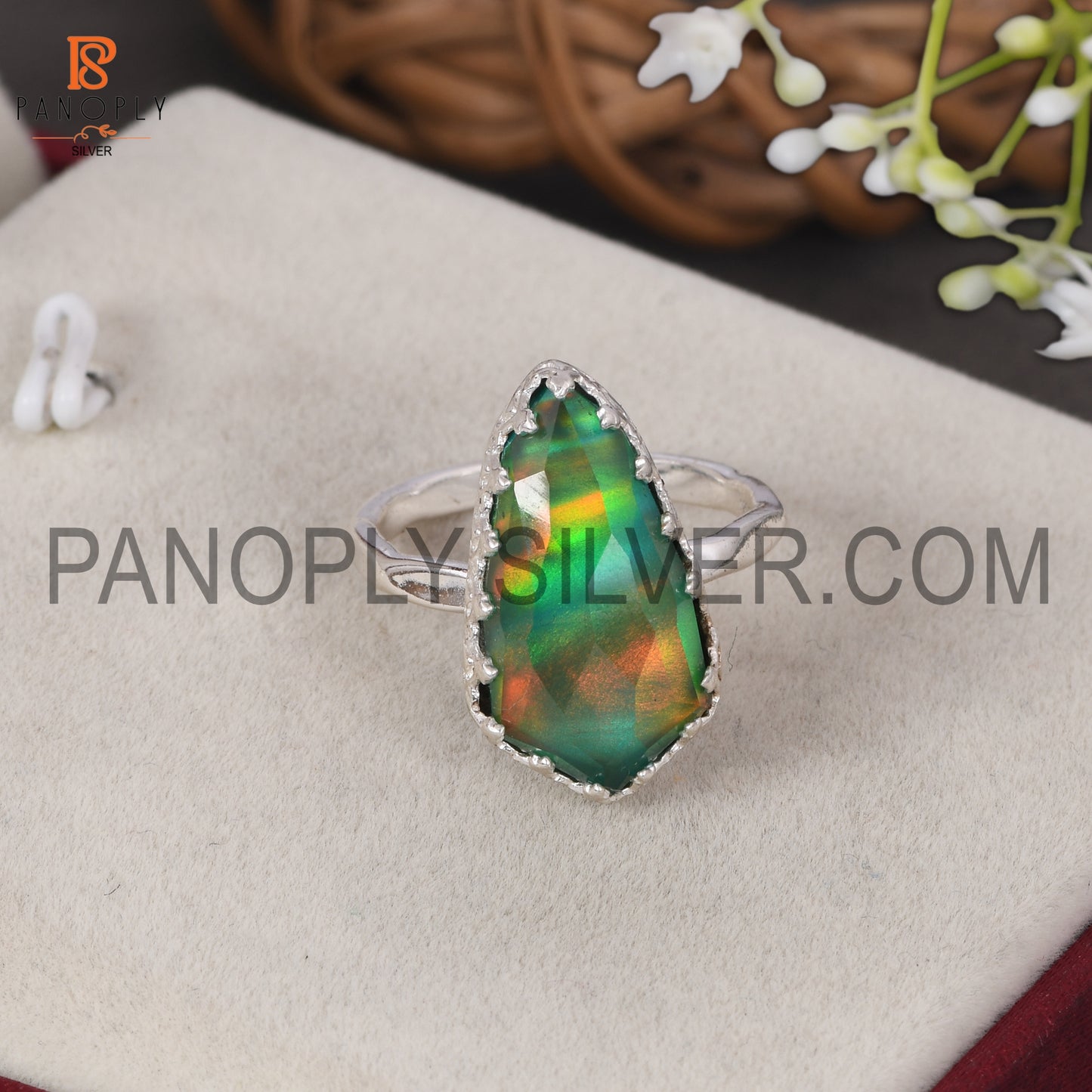 Aurora Opal Green Gems Stone 925 Silver Rings