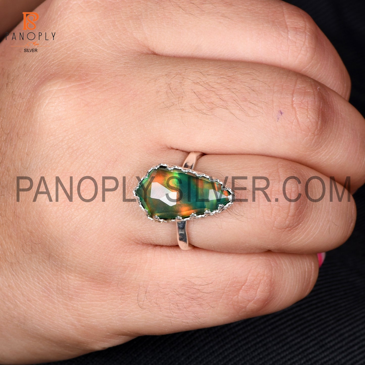 Aurora Opal Green Gems Stone 925 Silver Rings