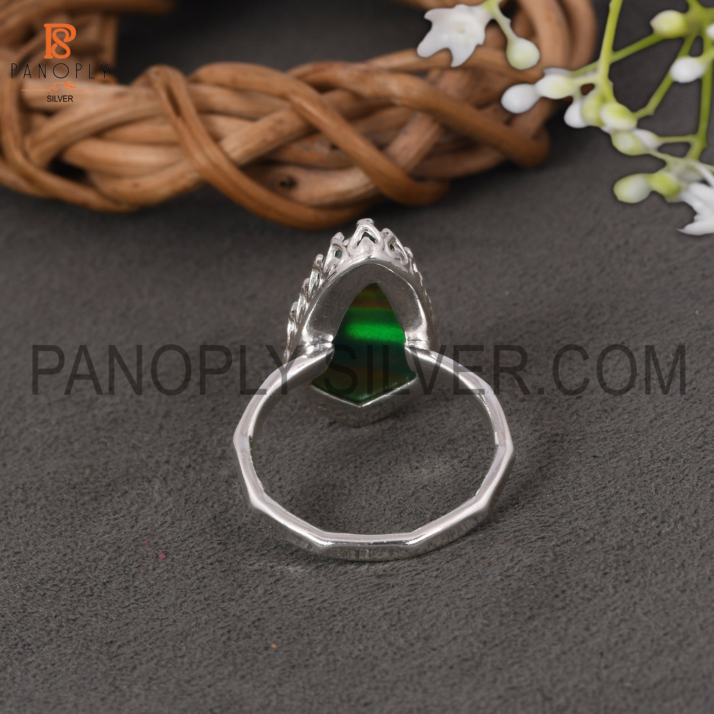Aurora Opal Green Gems Stone 925 Silver Rings