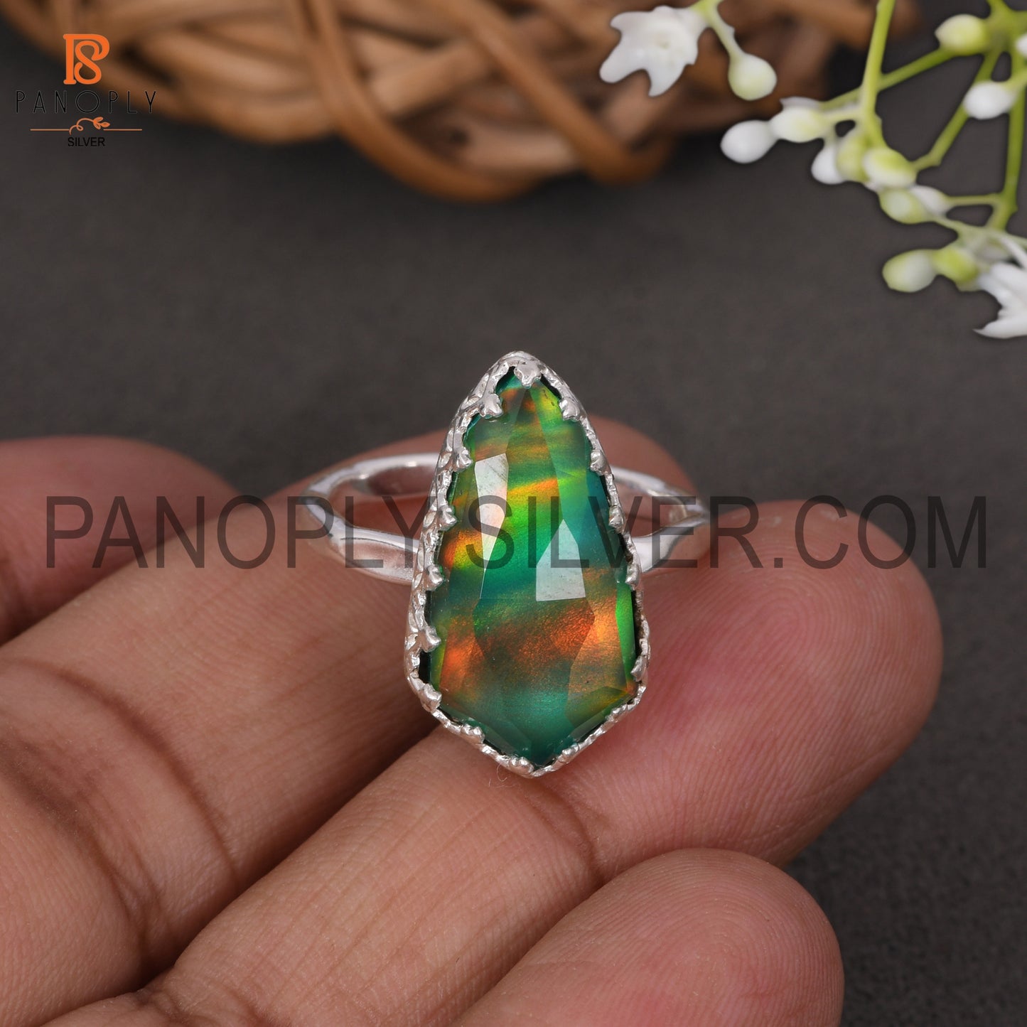 Aurora Opal Green Gems Stone 925 Silver Rings