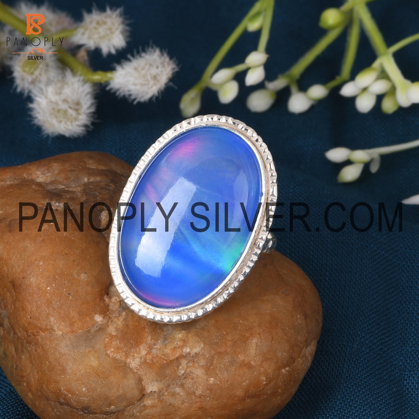 Oval Aurora Opal Blue Doublet 925 Women Rings