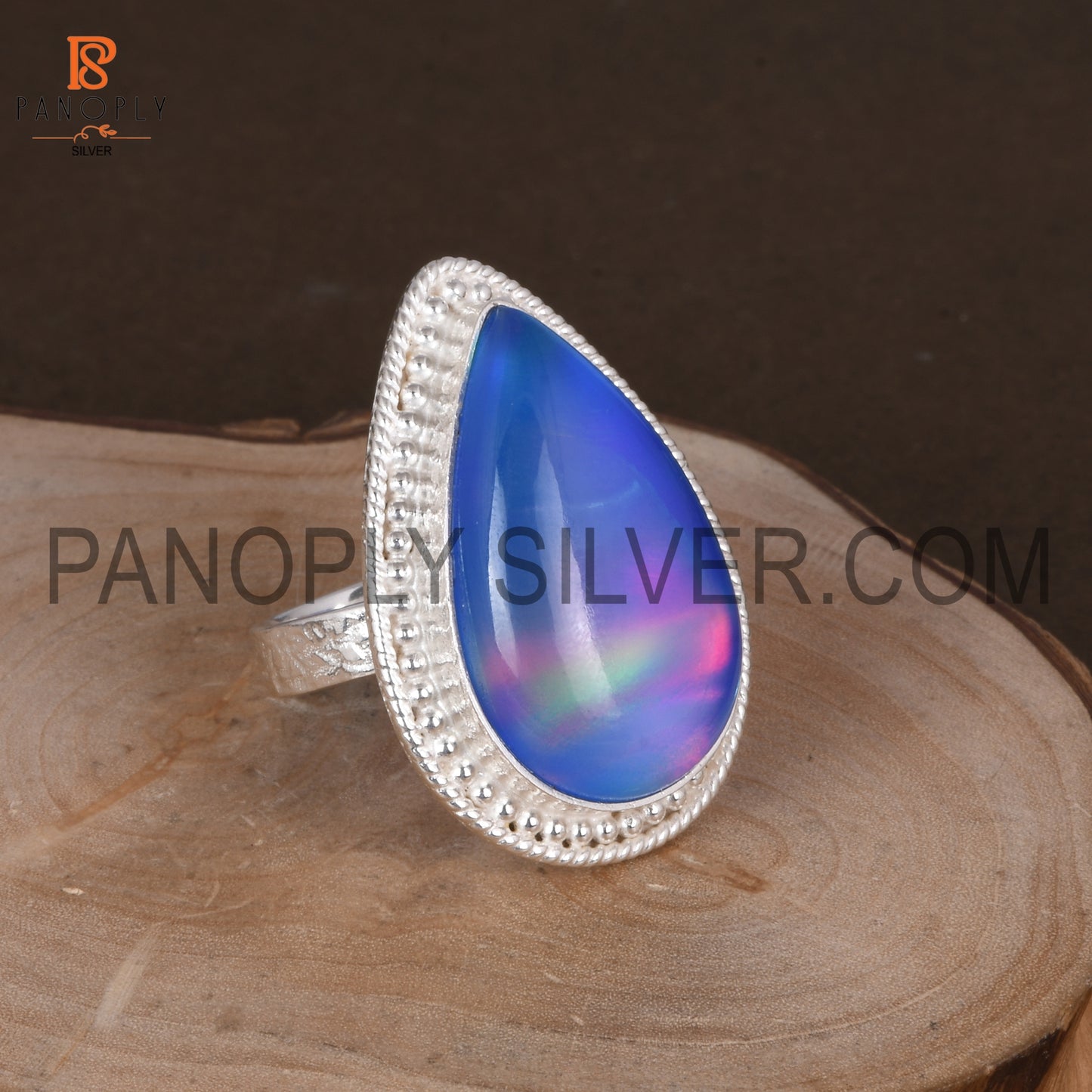 Cabushion Pear Cut Aurora Opal Blue Finger Ring For Girls