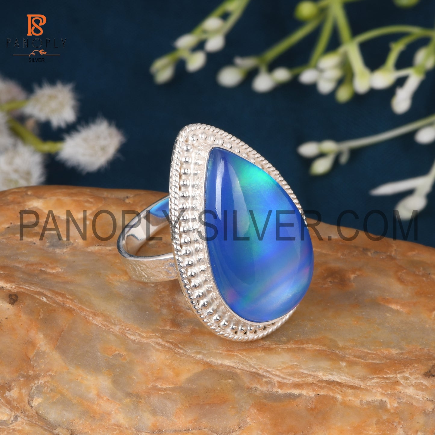 Cabushion Pear Cut Aurora Opal Blue Finger Ring For Girls