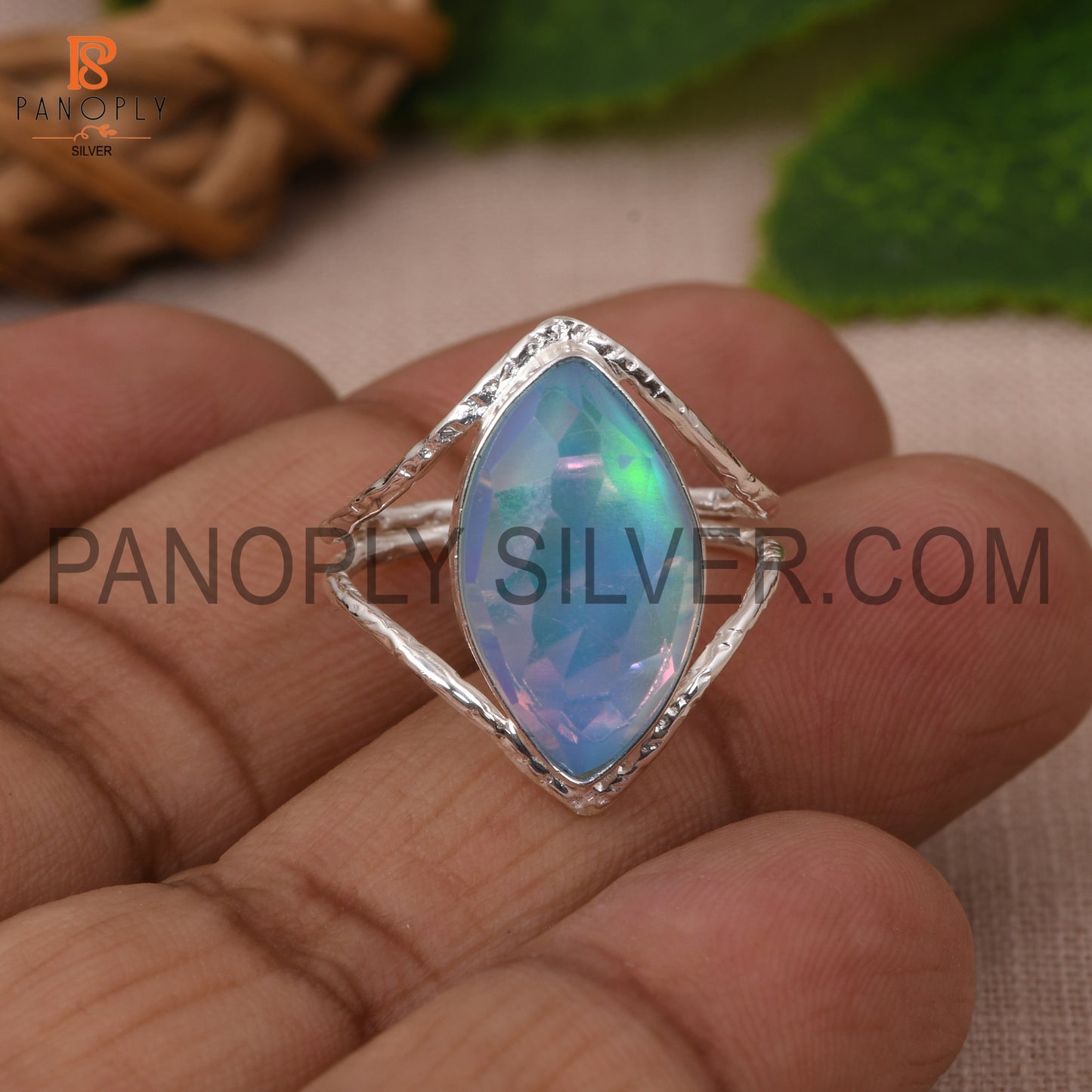 Split Band Aurora Opal Sky Doublet 925 Silver Fancy Ring