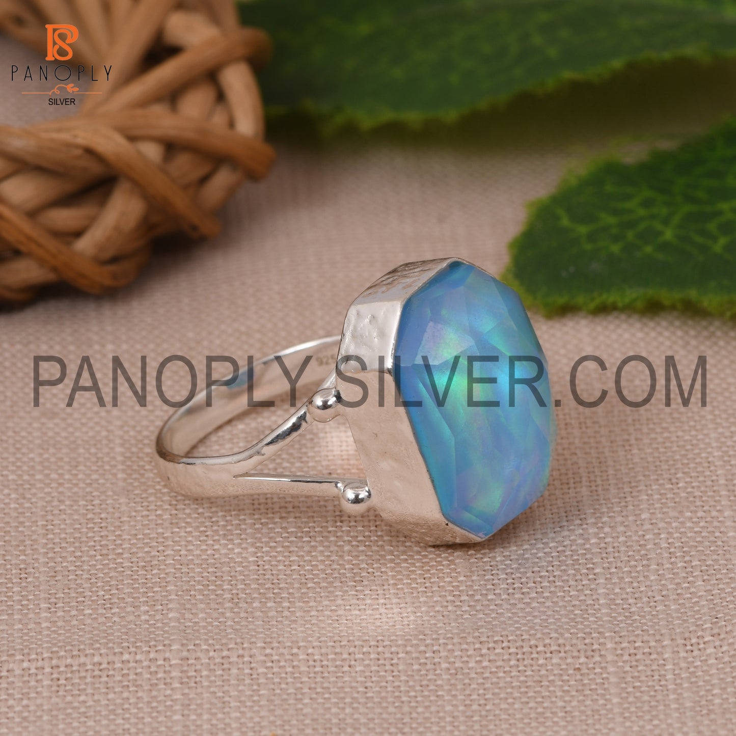 Octagon Shape Split Band Opal Sky Doublet Silver Ring