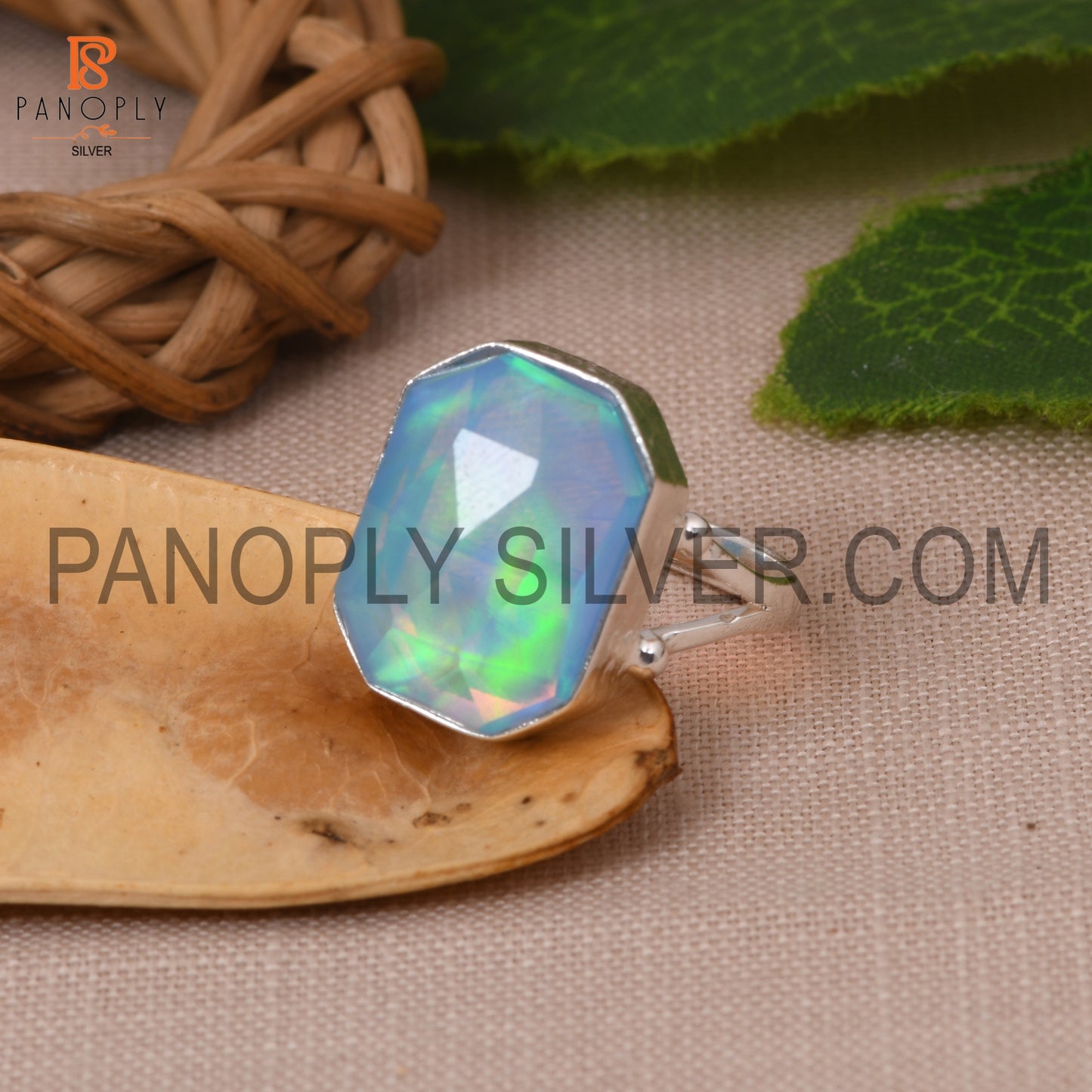 Octagon Shape Split Band Opal Sky Doublet Silver Ring