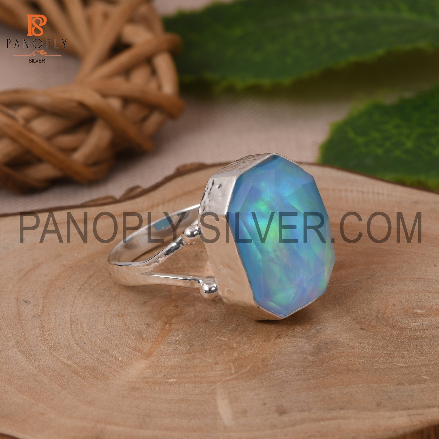 Octagon Shape Split Band Opal Sky Doublet Silver Ring