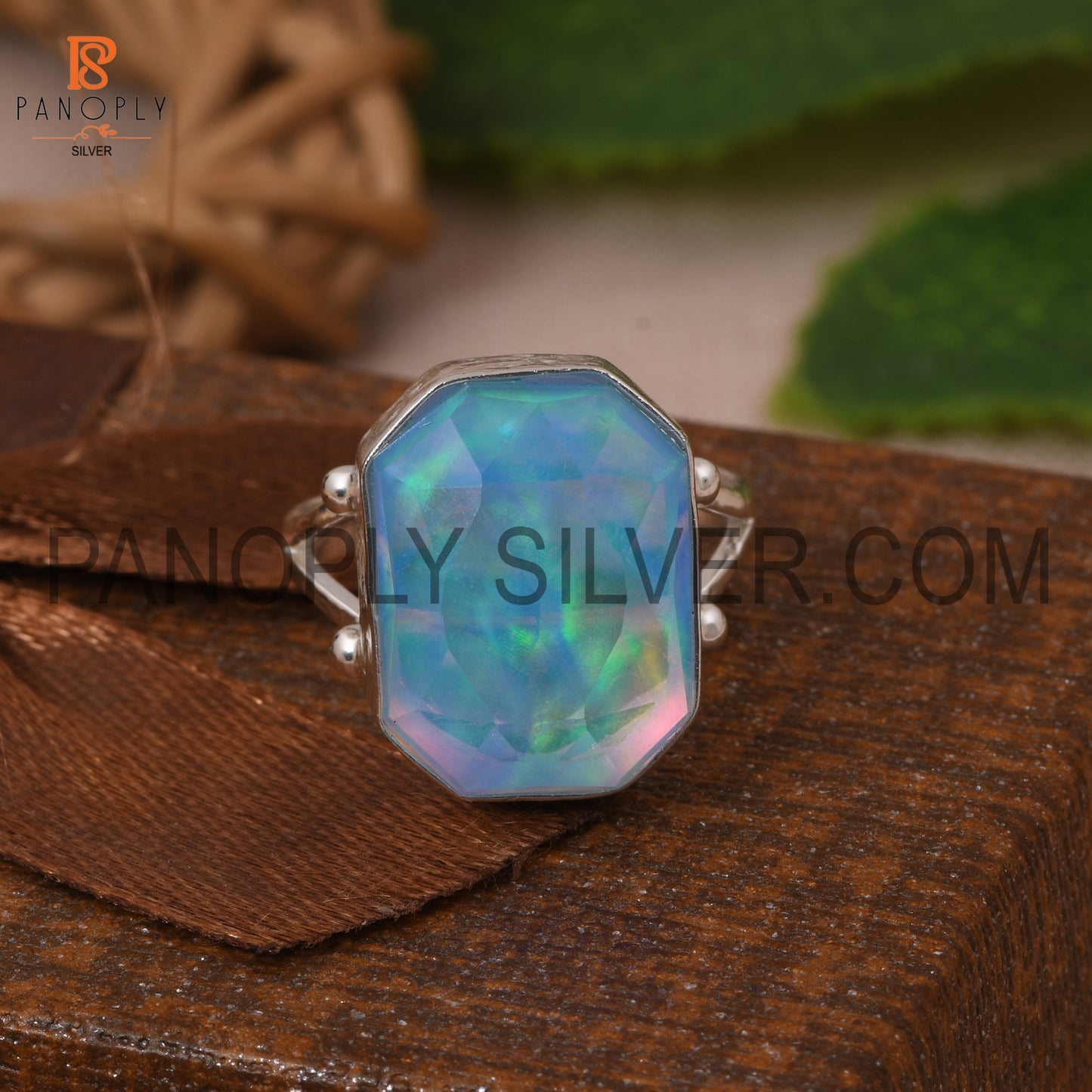 Octagon Shape Split Band Opal Sky Doublet Silver Ring