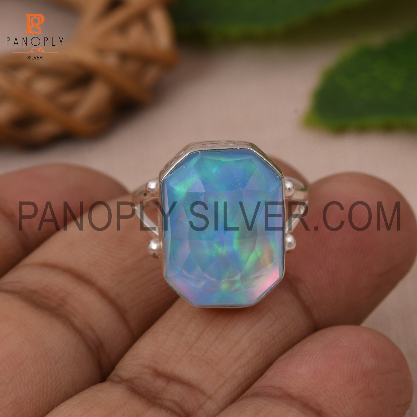 Octagon Shape Split Band Opal Sky Doublet Silver Ring