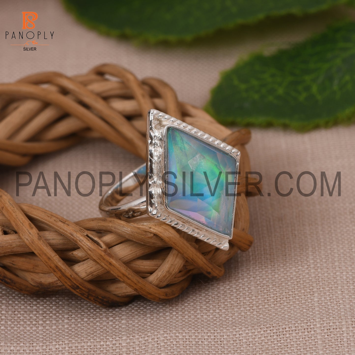 Diamond Shape Aurora Opal Sky 925 Silver Ring for Women