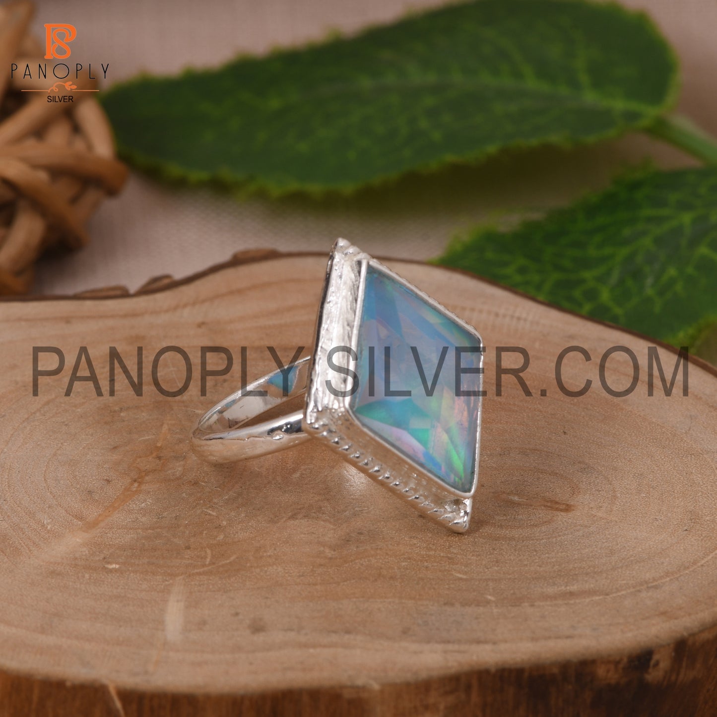 Diamond Shape Aurora Opal Sky 925 Silver Ring for Women