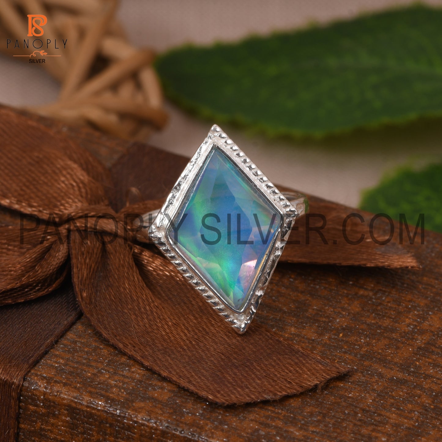 Diamond Shape Aurora Opal Sky 925 Silver Ring for Women