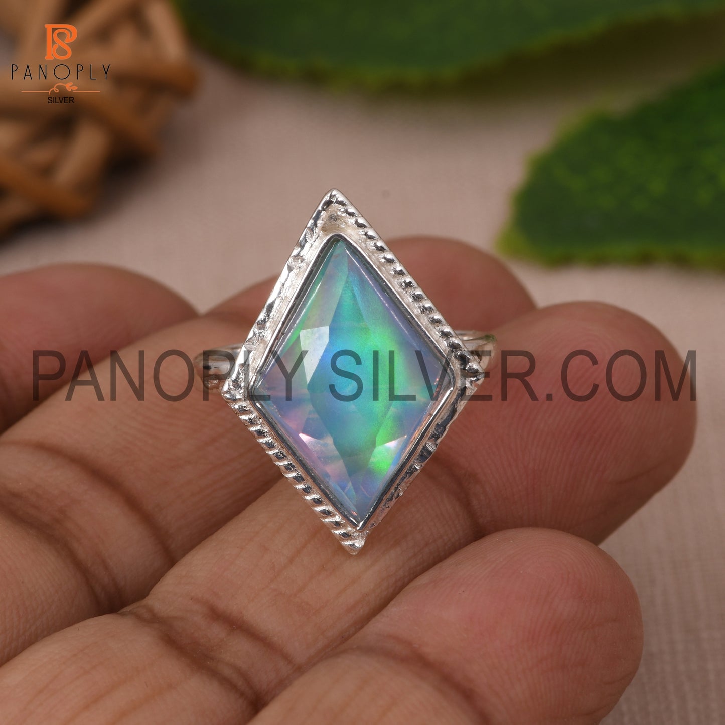 Diamond Shape Aurora Opal Sky 925 Silver Ring for Women