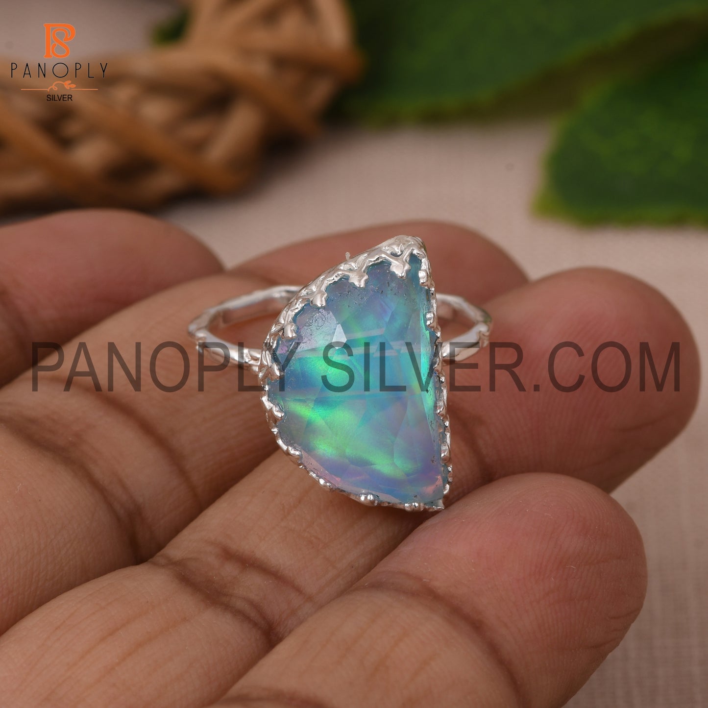 Elegant D Shape Aurora Opal Sky 925 Silver Ring for Women