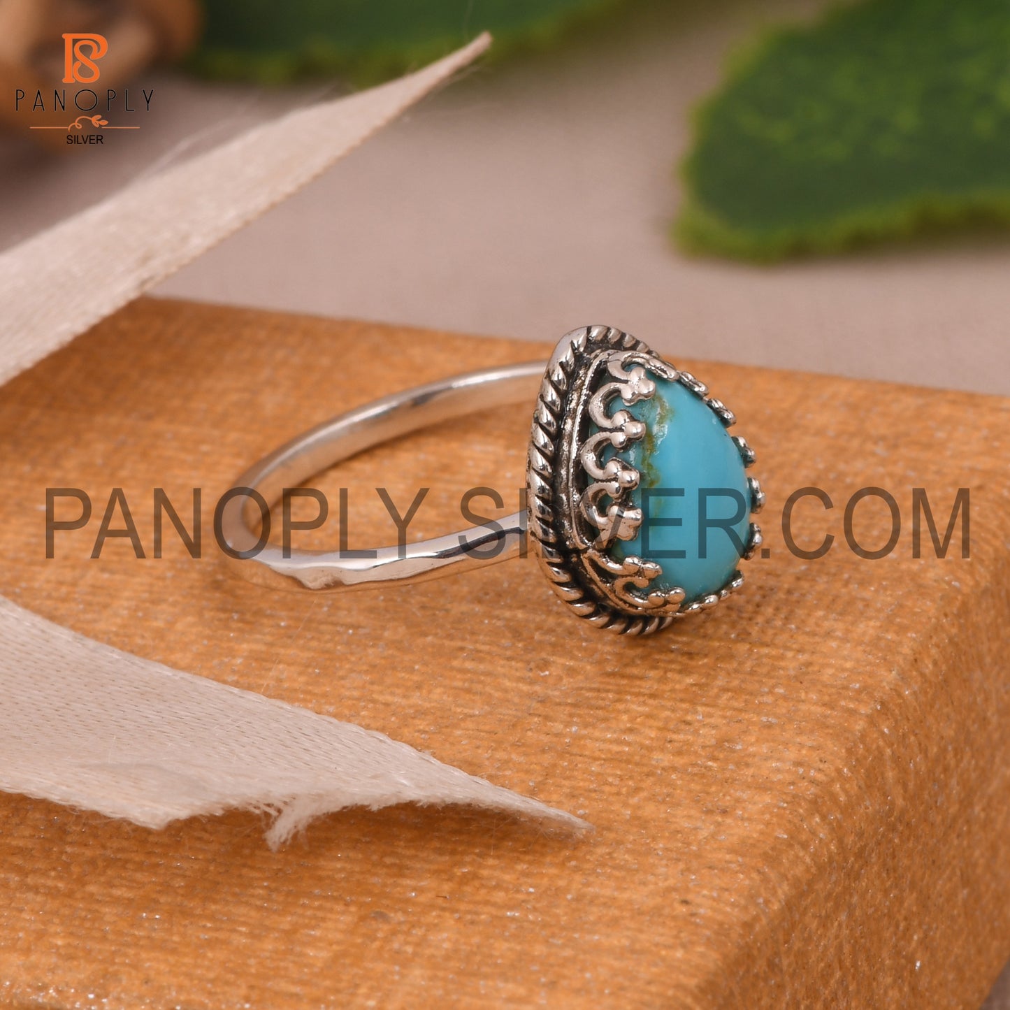Pear Cut Natural Turquoise Gem Prong Set Rings