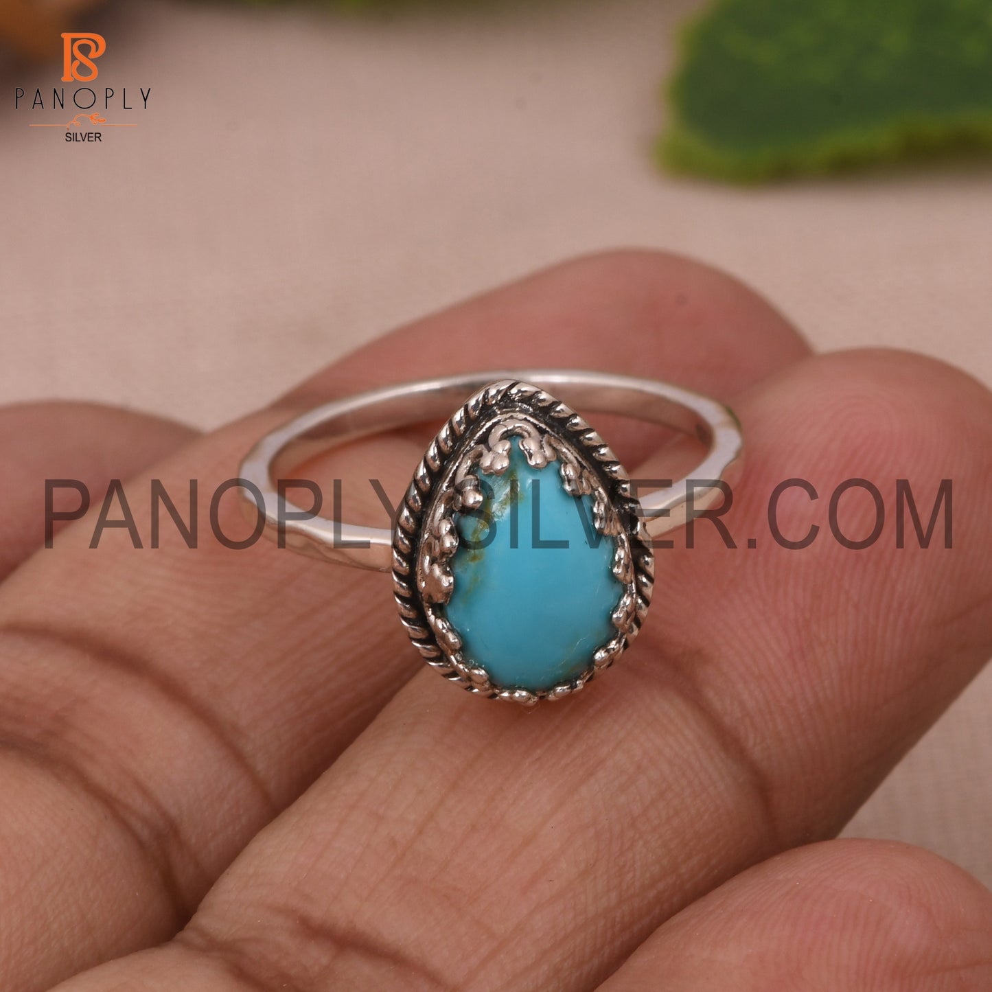Pear Cut Natural Turquoise Gem Prong Set Rings
