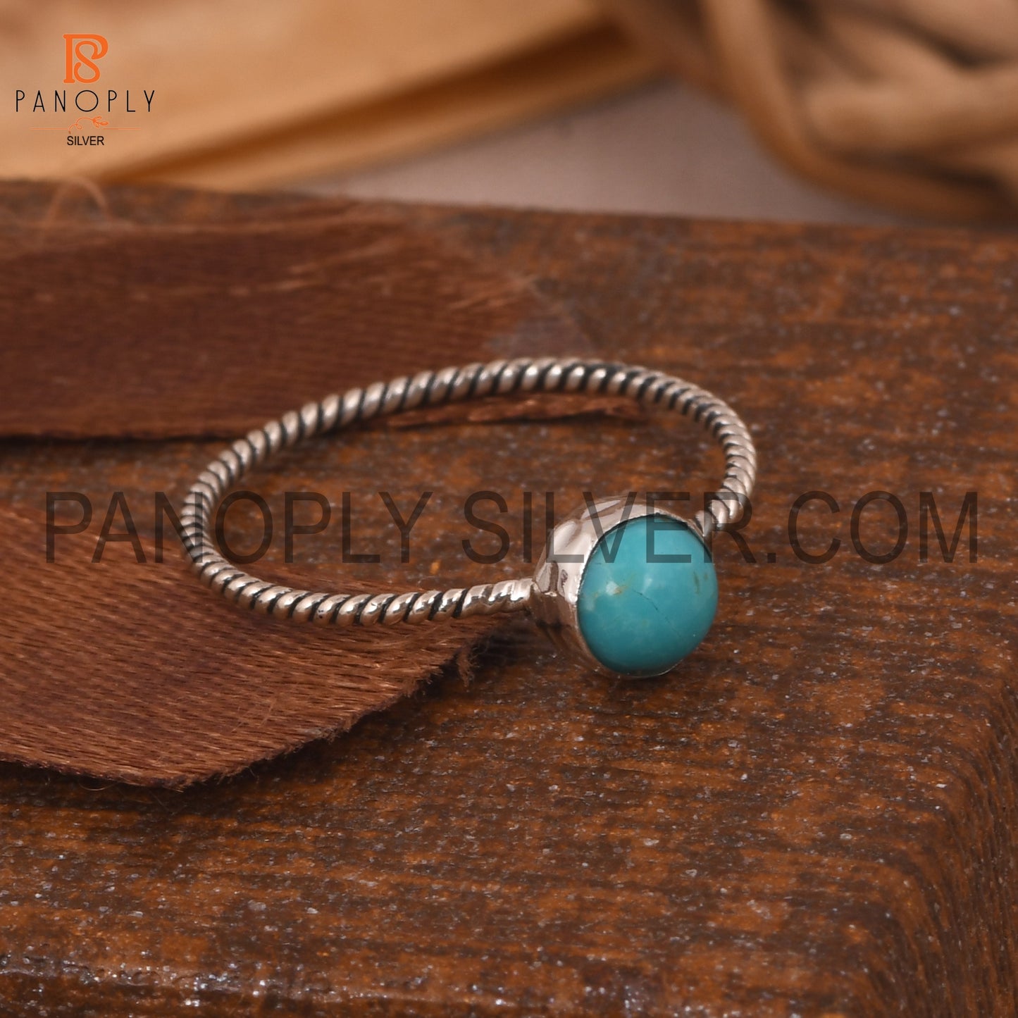 Round Kingman Turquoise Oxidized Silver Twist Band Ring