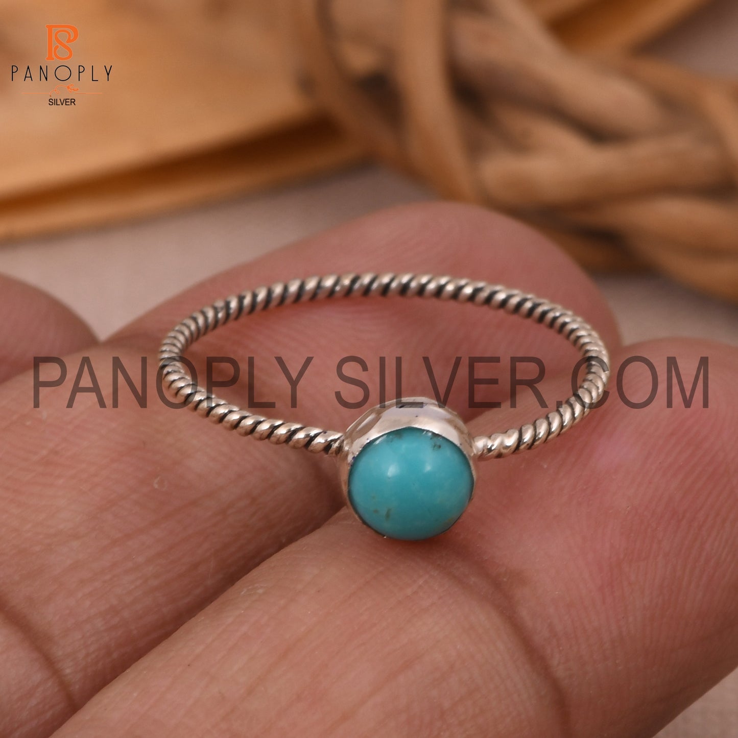 Round Kingman Turquoise Oxidized Silver Twist Band Ring