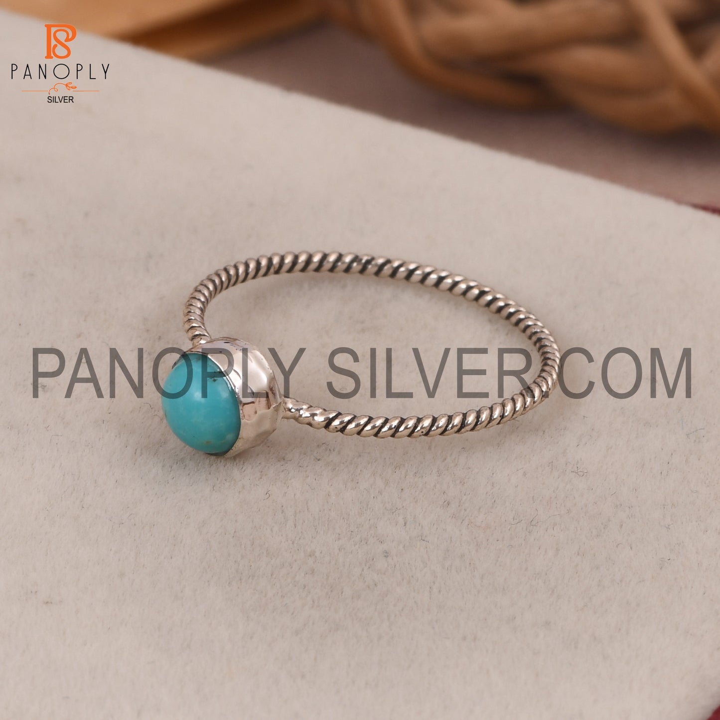 Round Kingman Turquoise Oxidized Silver Twist Band Ring