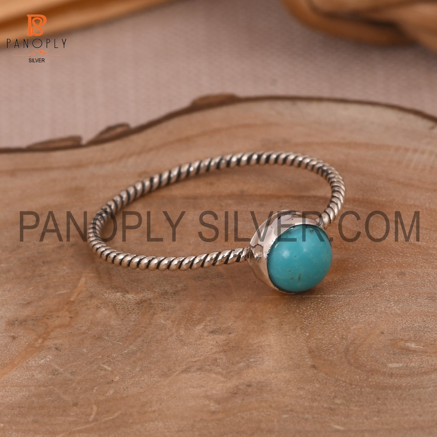 Round Kingman Turquoise Oxidized Silver Twist Band Ring