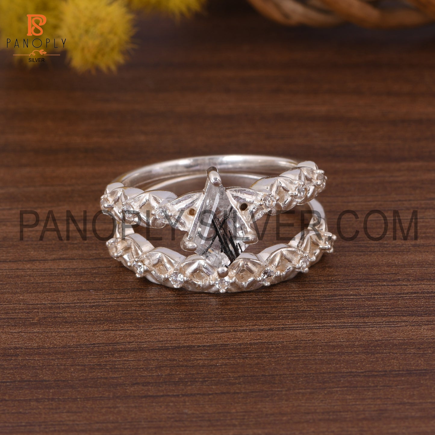 925 Silver Kite Black Rutile & CZ Two Band Art Deco Rings