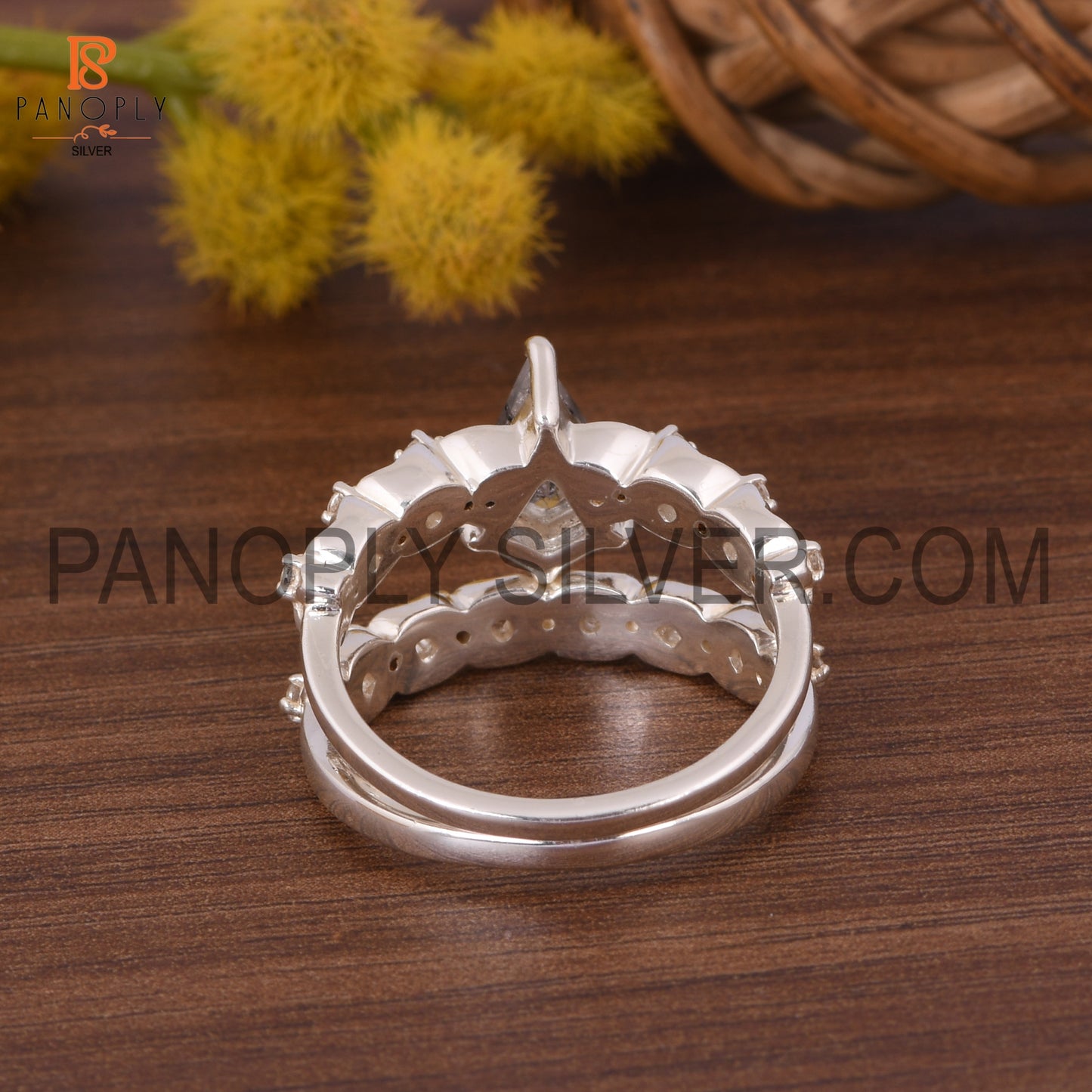 925 Silver Kite Black Rutile & CZ Two Band Art Deco Rings