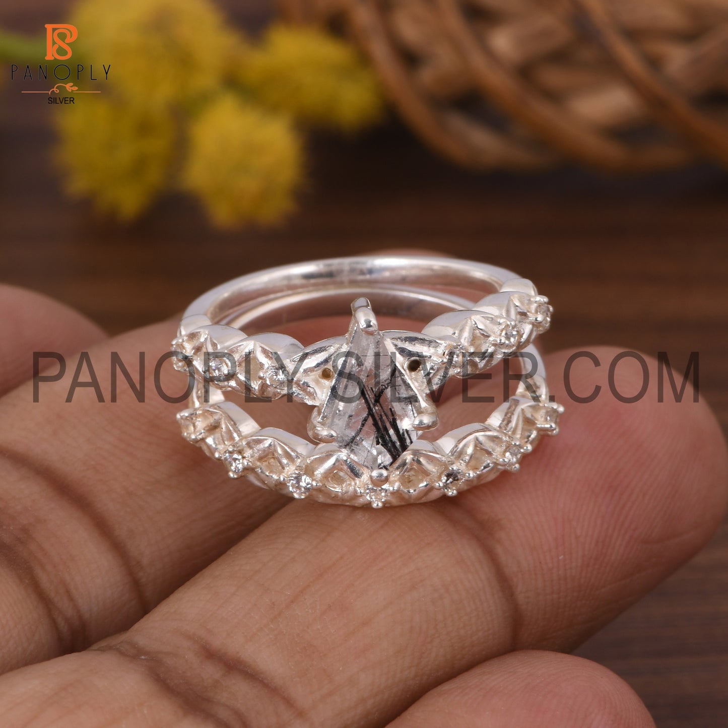 925 Silver Kite Black Rutile & CZ Two Band Art Deco Rings