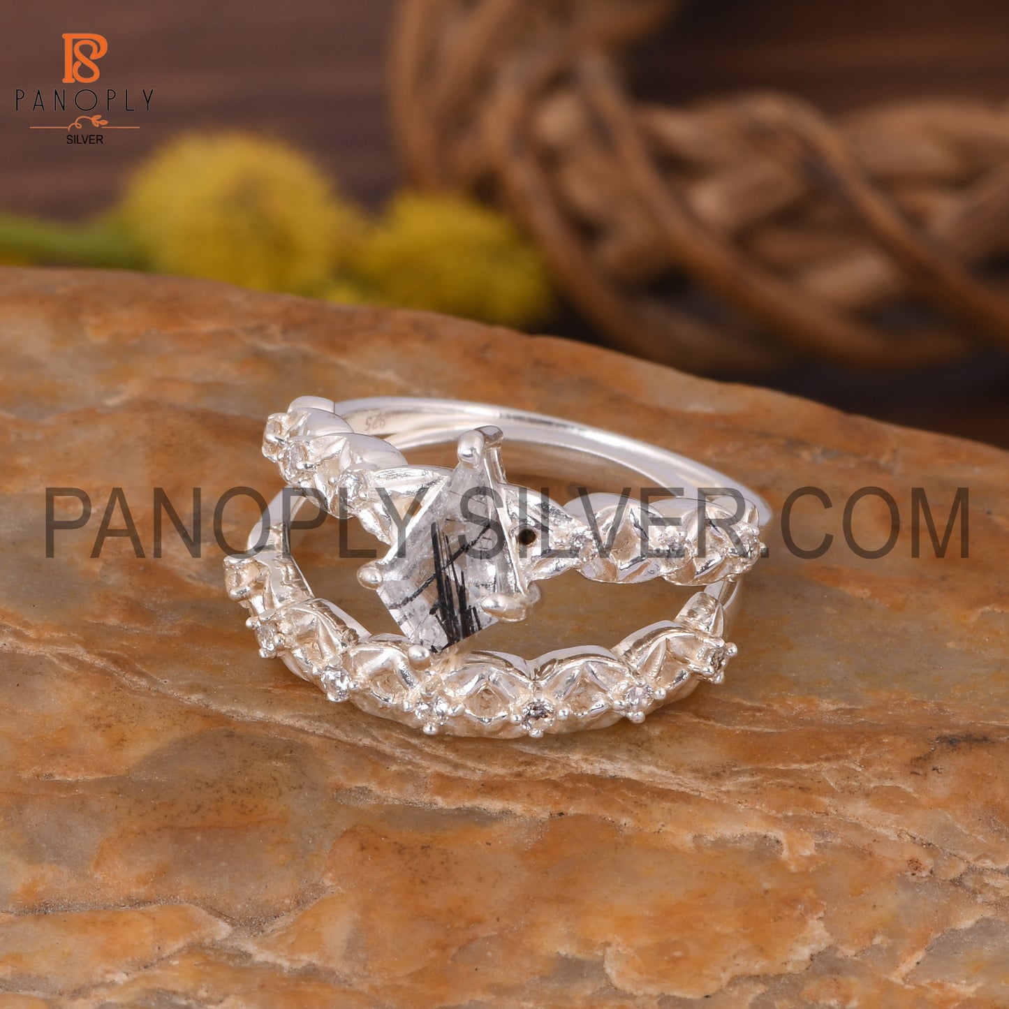 925 Silver Kite Black Rutile & CZ Two Band Art Deco Rings