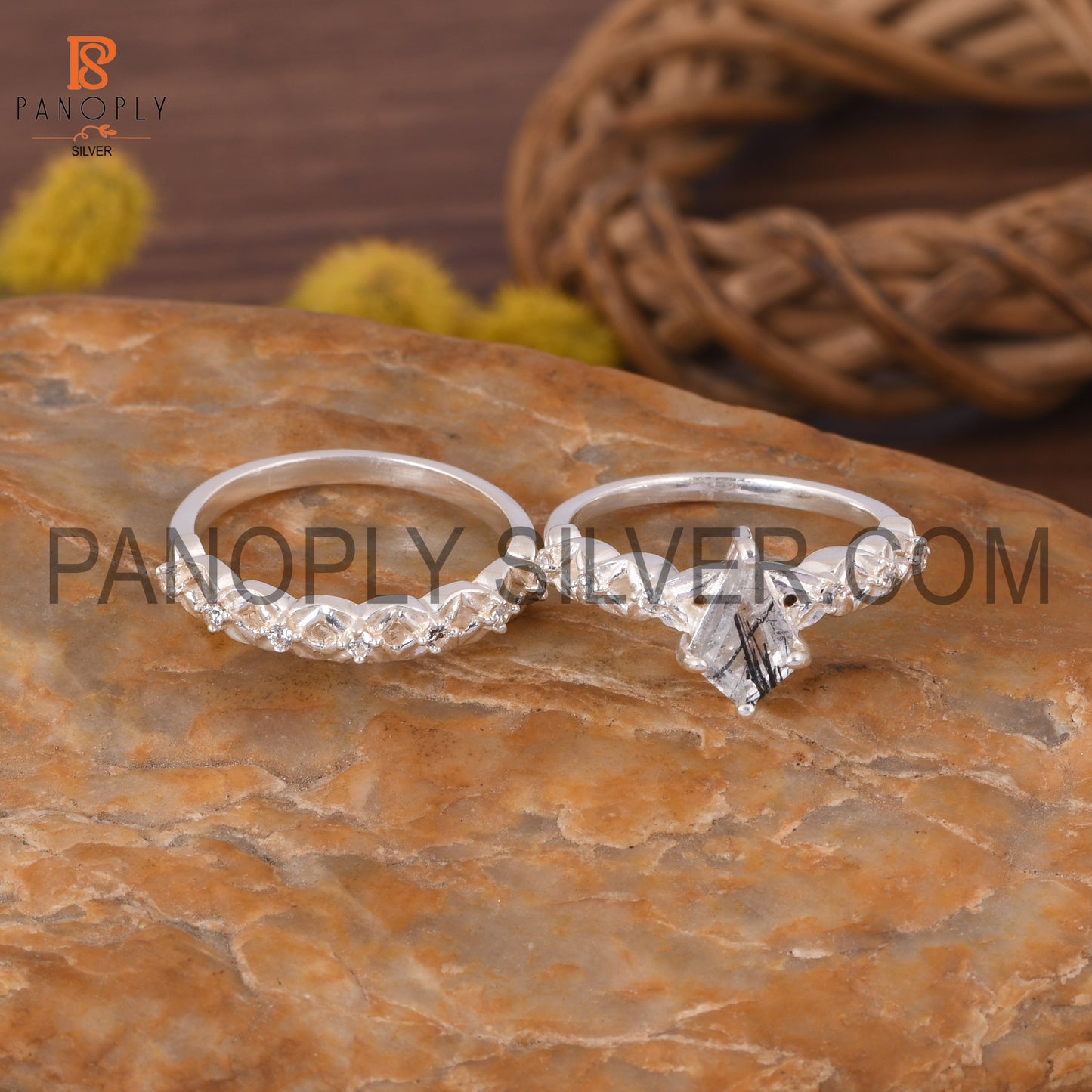 925 Silver Kite Black Rutile & CZ Two Band Art Deco Rings