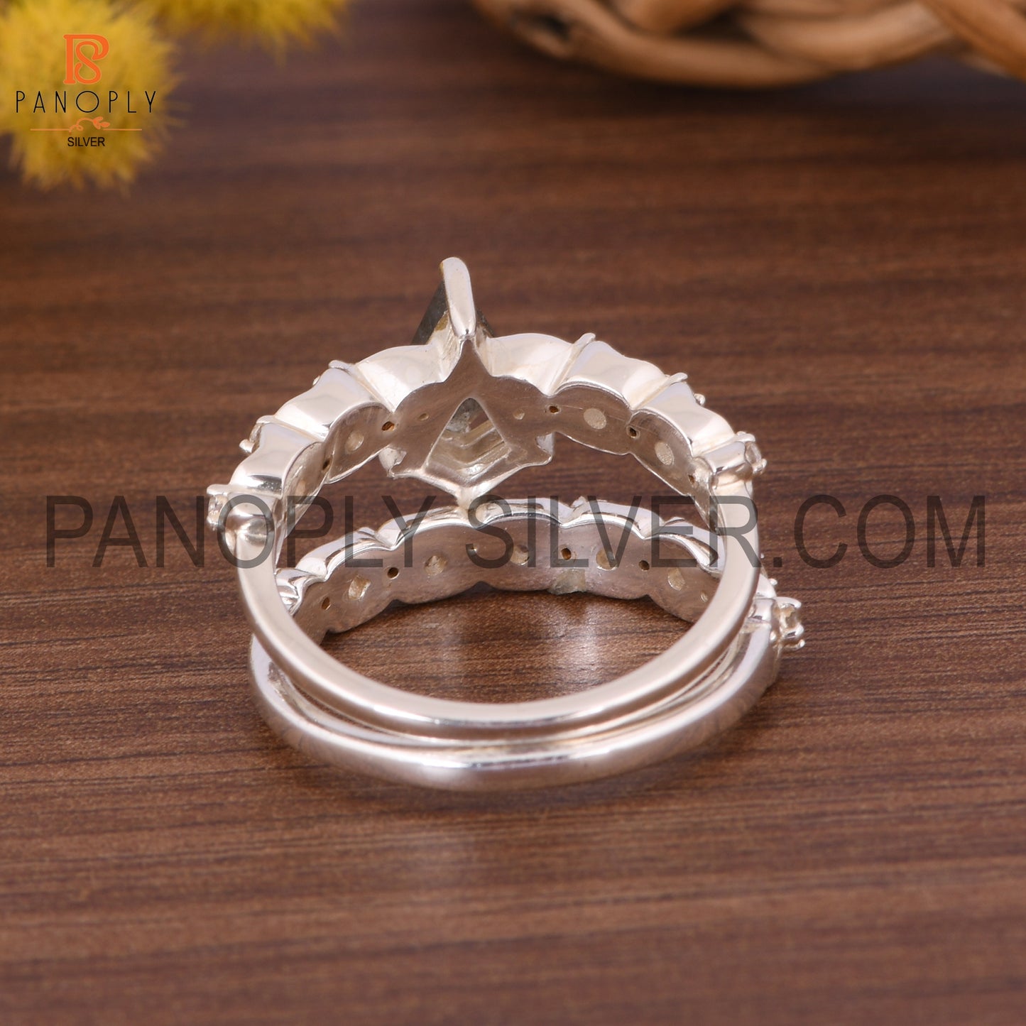 925 Silver Kite Labradorite & CZ Double Band Art Deco Rings