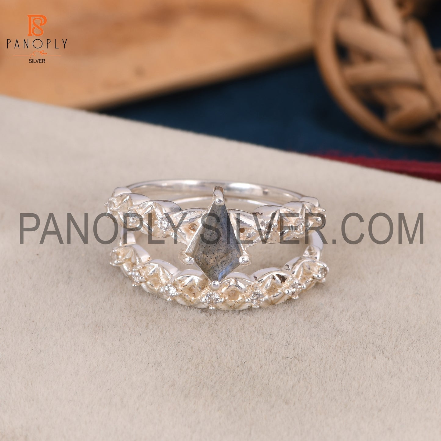 925 Silver Kite Labradorite & CZ Double Band Art Deco Rings