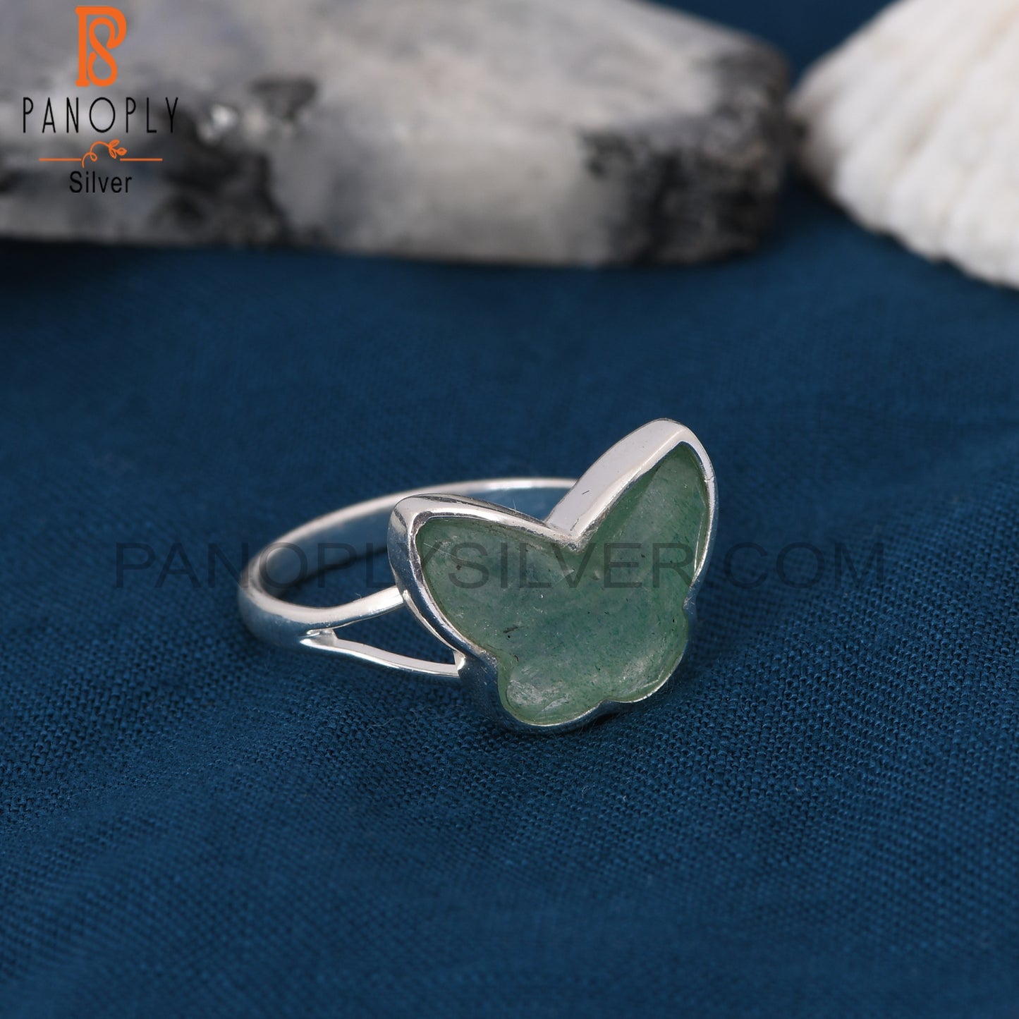Green Strawberry Quartz 925 Silver Butterfly Rings